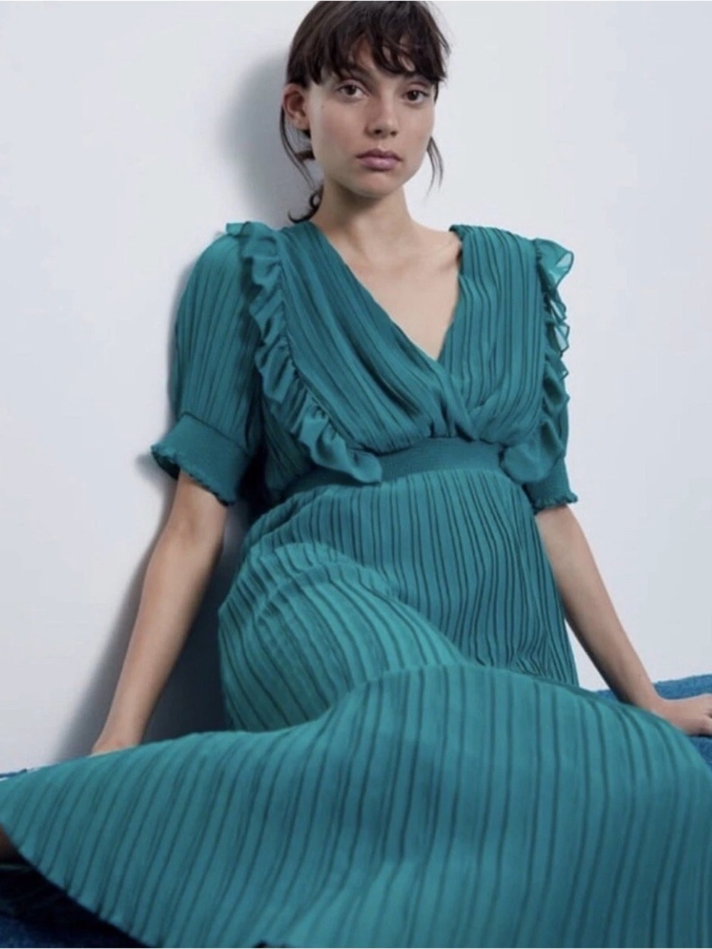Zara Teal Pleated Chiffon Midi Dress Size S Emerald Green Ruffle Sleeve V-Neck